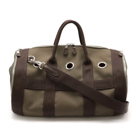 HERMES Hermes Dog Carrier Bag Cat Pet Boston Shoulder Canvas Leather Khaki Da... - Picture 1 of 10